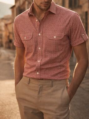 Dolce & Gabbana BRAD Gingham Shirt Red Short Sleeve Men’s Large